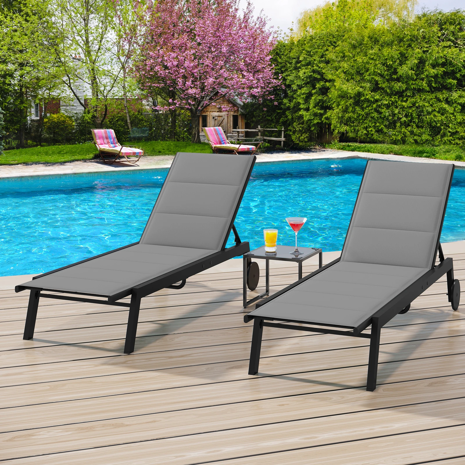 

TAUS 3 Piece Outdoor Chaise Lounge Chairs Set w/Side Table Padded Fabric Lounger