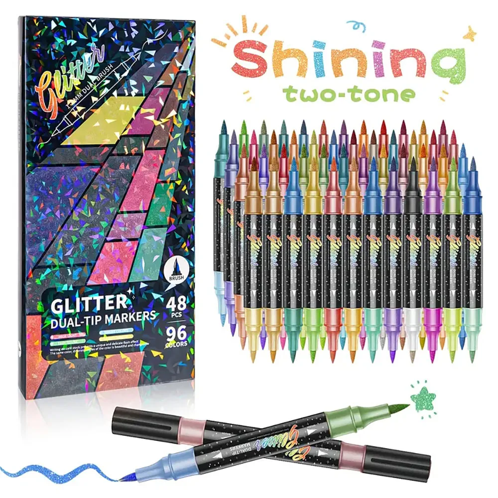 12-48pcs Dual Tip Glitter Metallic Art Marker Pens for Drawing