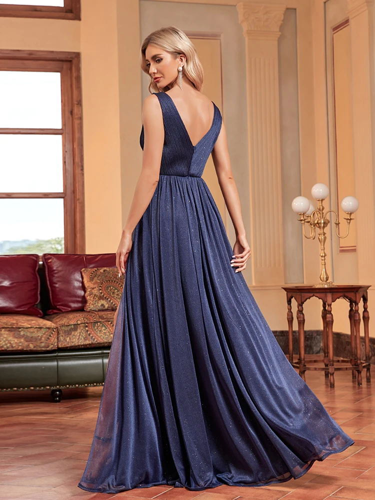 Lucyinlove Luxury A-line Evening Dress Women 2024 Floor Lenght Backless Formal Deep V-neck Blue Caicktail Wedding Party Prom