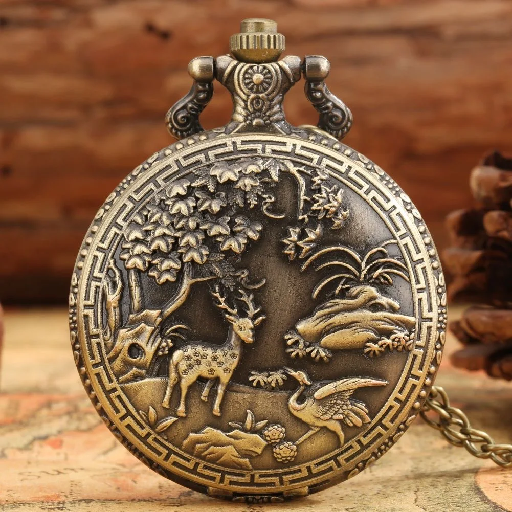 Necklace Chain Old Clock Antique Steampunk Quartz Analog Full Hunter Pocket Watch With Deer