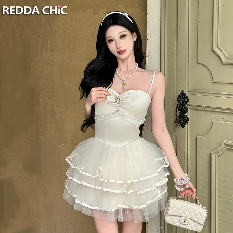 

Женское платье ReddaChic в стиле Лолита: корсет с бисером, бантом, квадратным вырезом, тюлевыми многоярусными оборками, мини-платье, летняя одежда в стиле Лолита