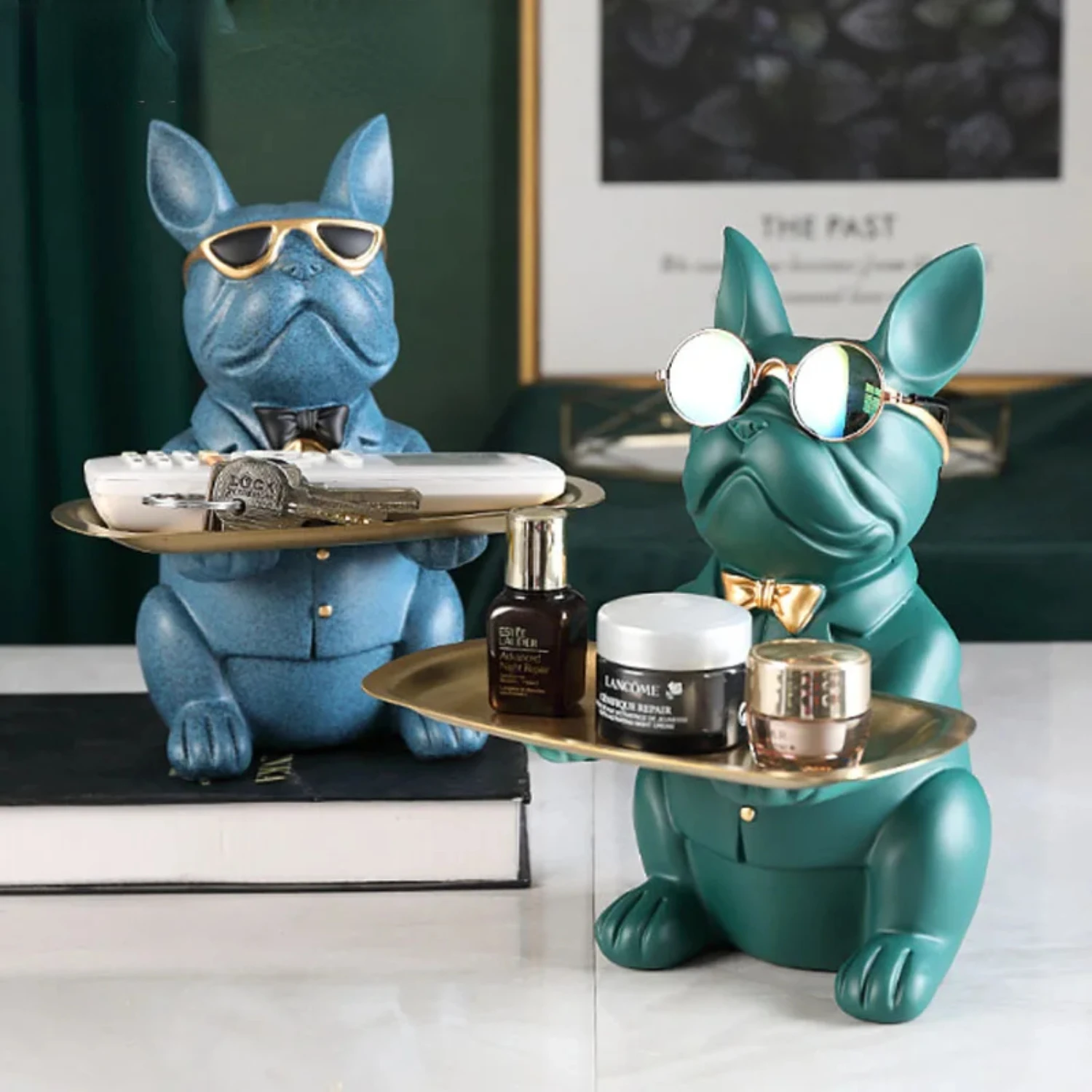 Nordic French Bulldog Sculpture Dog Figurine Statue Key Jewelry Storage Table Decoration Gift With Plate Glasses