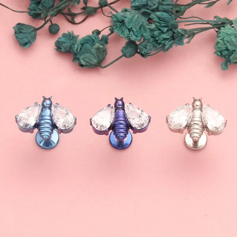 ASTM F136 Titanium Bee Labret Piercing 16G 18G Internal Thread Lobe Flat Tragus Cartilage Piercing Nose Body Piercing Jewelry