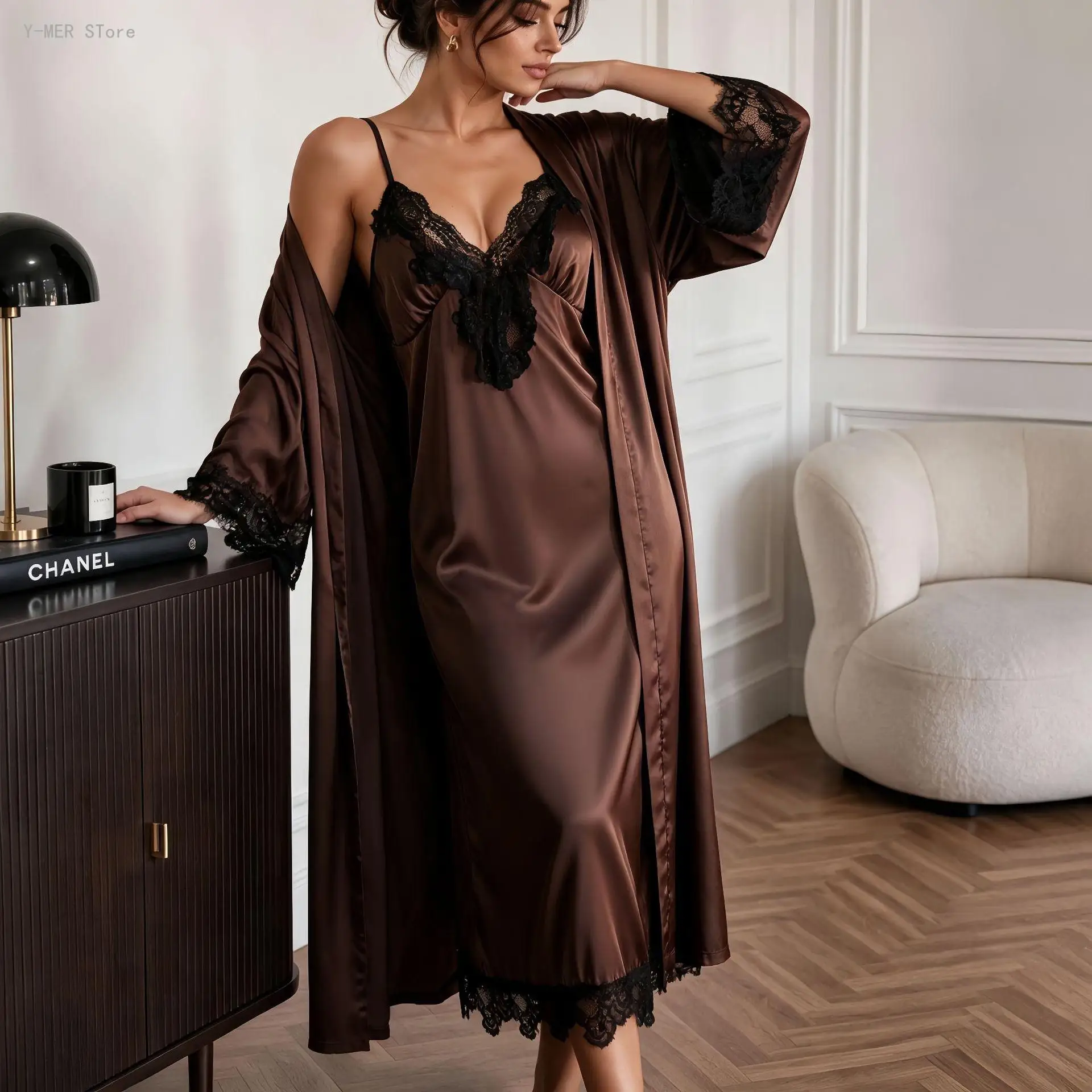 Ladies 2 Piece Satin Sleepwear Robe Set Lace V Neck Long Slip Night Dress Delicate Lace Decorated Cuffs Loungewear