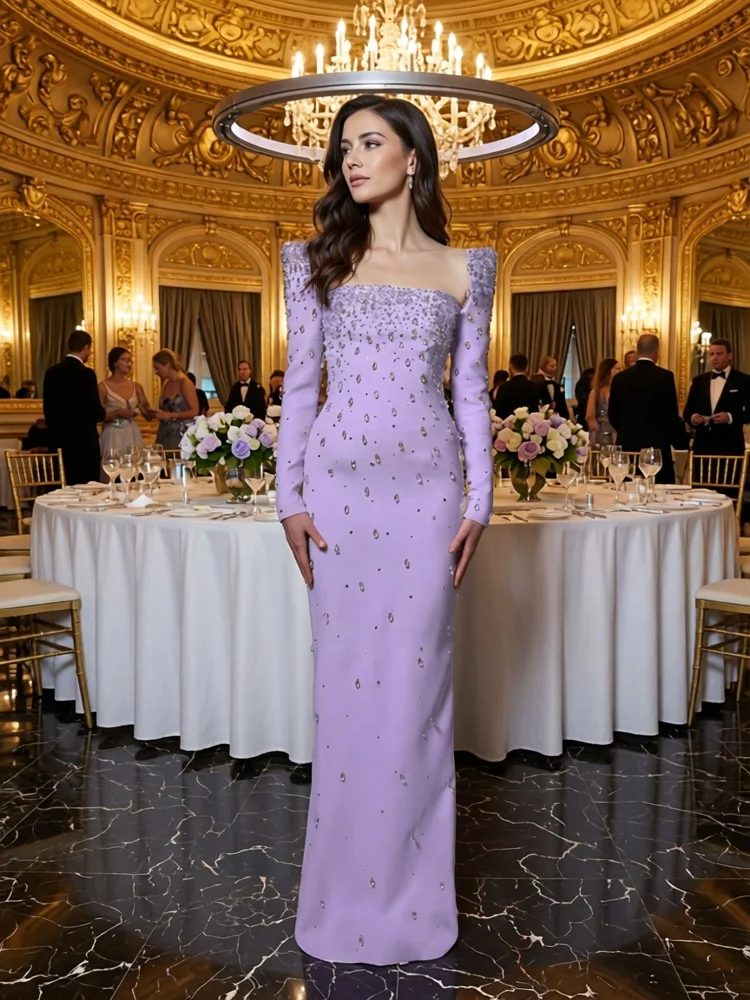 

Изысканное фиолетовое свадебное платье с пайетками и стразами, длинное, с разрезом, роскошное, с кристаллами и бисером, с квадратным вырезом, для вечеринок, сексуальное, вечернее