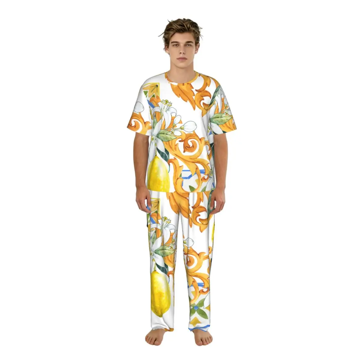 

Мужской пижамный костюм с короткими рукавами и длинными брюками, с золотыми монограммами и цветами лимона, летний комплект домашней одежды