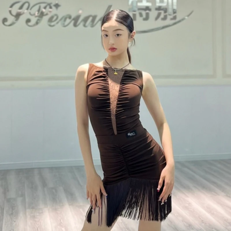 

Коричневое платье для латинских танцев, женские кружевные топы без рукавов с открытой спиной, юбка с бахромой, костюм для выступлений, румба-ча-ча, тренировочный комплект NV24748