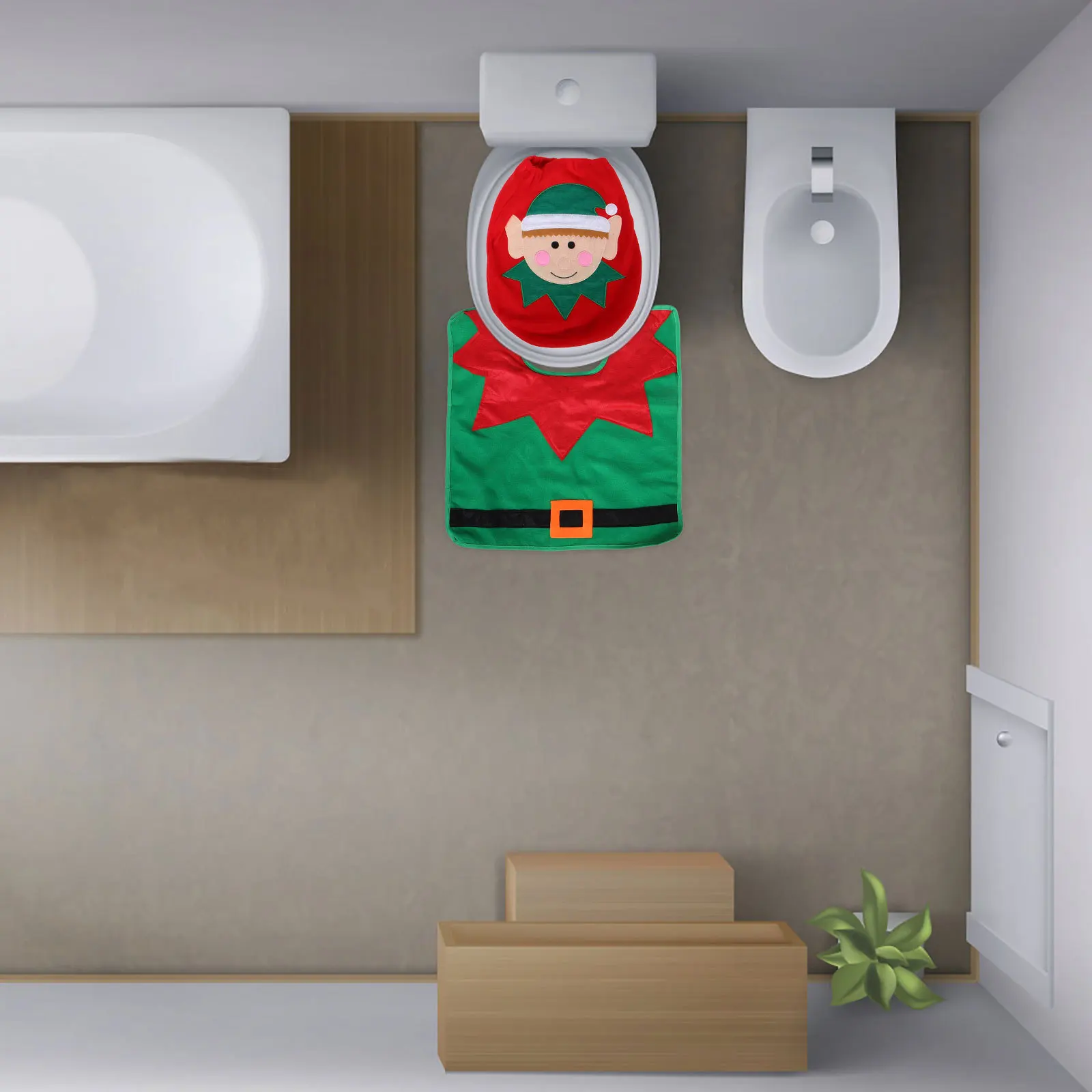 

3 pcs Christmas Toilet Seat Cover Rug Set Patterned Bathroom Decoration For Holiday Home Elf Round Oval Fit