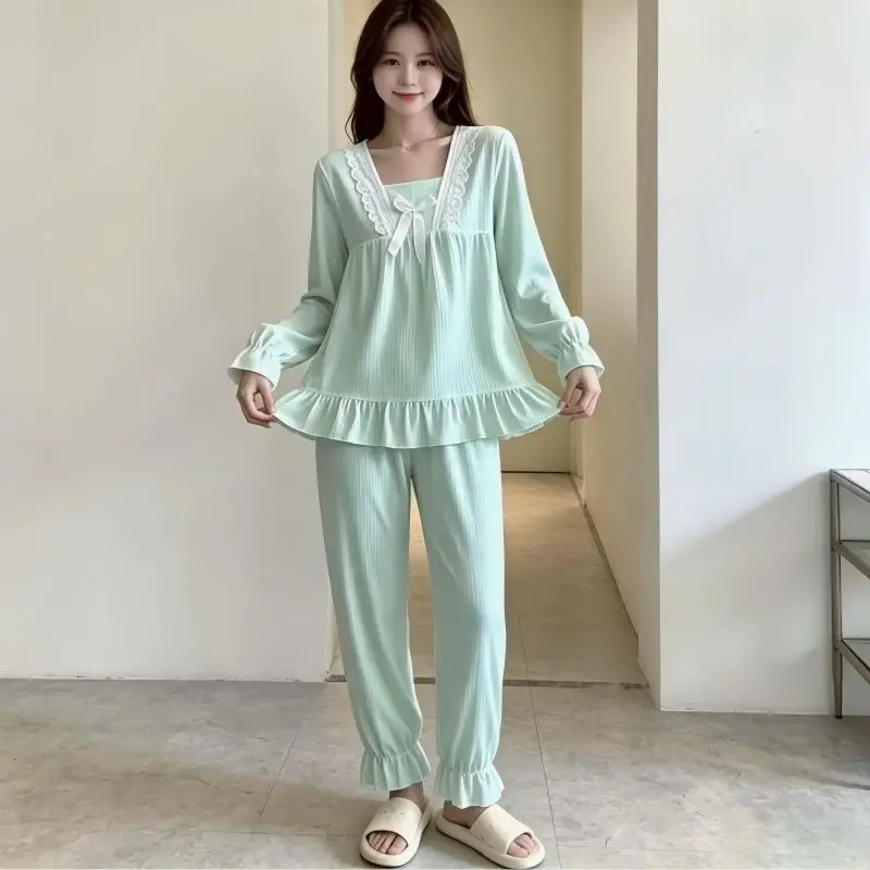 Women's Pajama Set Long Sleeve Full Length Pants 2 Piece Sleepwear Pyjamas Lace Trim Bow Ruffled Cozy Soft Loungewear Nightwear