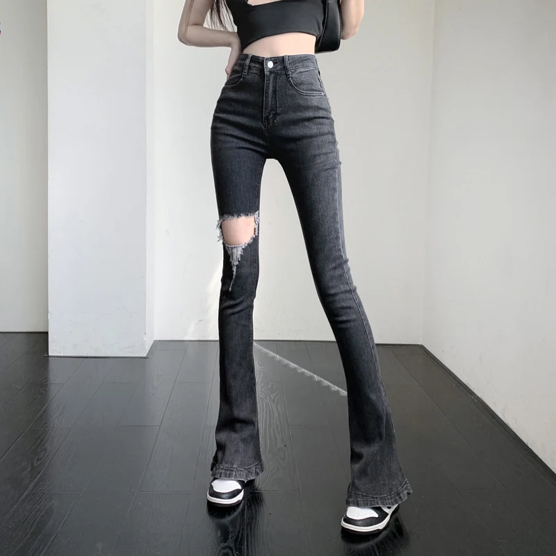 

Hole Denim High Waist Hip Slim Elastic Slim Burr Flare Pants Autumn Winter Jeans Hot Sexy Korean Fashion