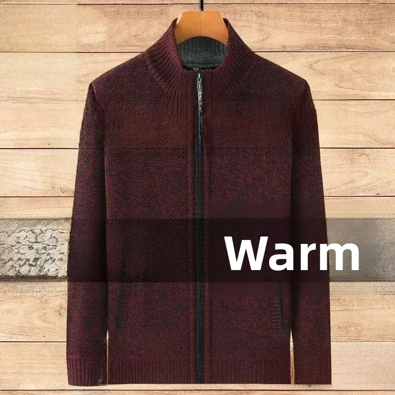 Thiened Men's Knitted Zipper Open Cardigan Autumn Winter Middle-Aged And ly Sweater Dad's Thiened Outerwear