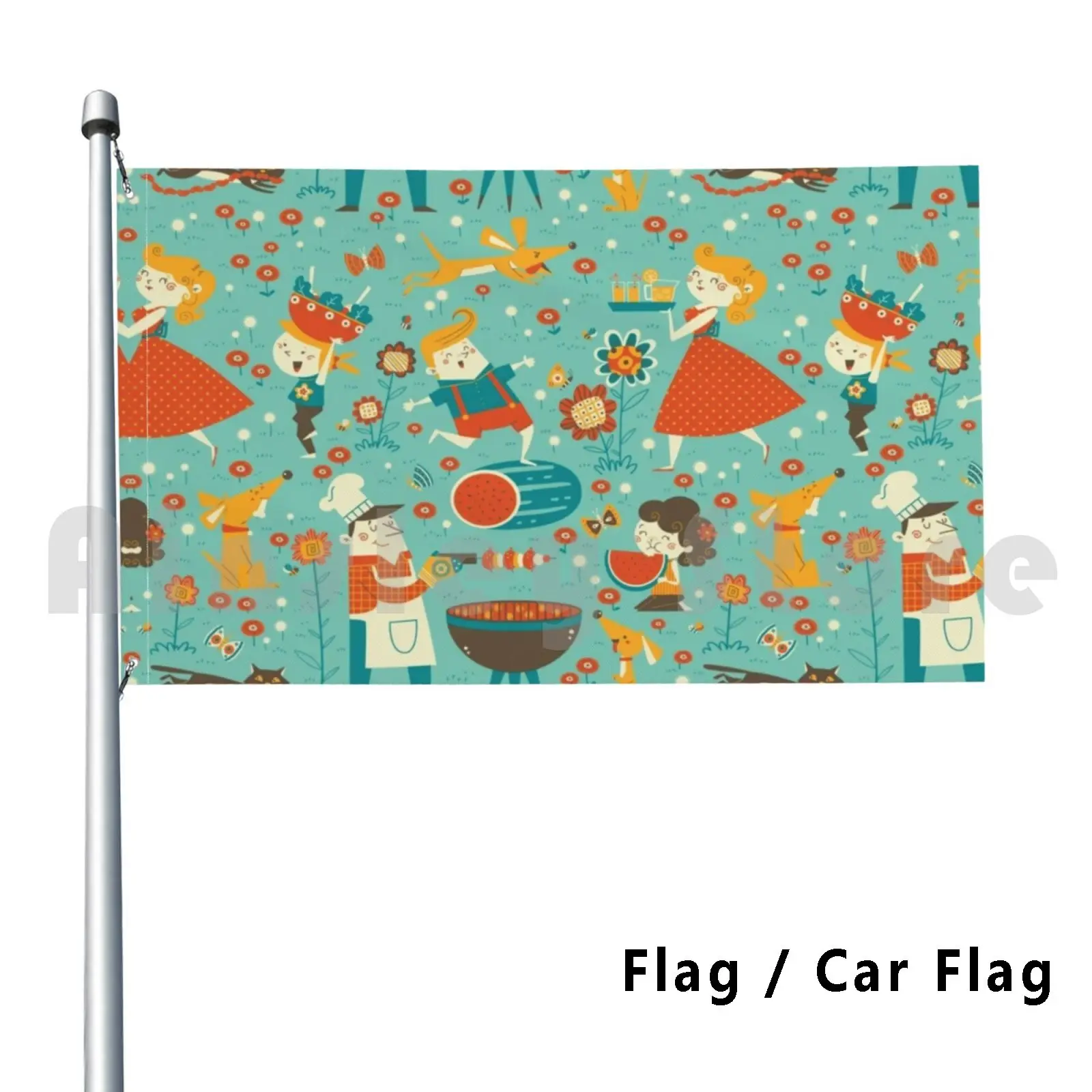 Vintage Family Summer Cookout Flag Car Flag Funny Summer Cookout Vintage Illustration Vinatge Family