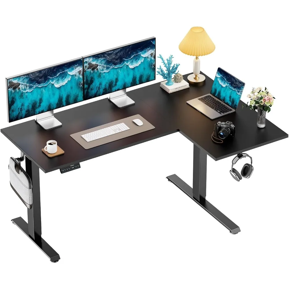 

63 x 40 L-type electric vertical dual motor angle electric height adjustable computer desk with cable tray and 3 P
