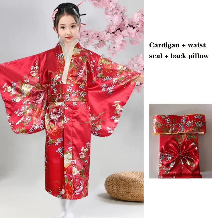 Girls National Trends Kimono Yukata with Obi Evening Dress Kids Japanese Halloween Cosplay Floral Kimono Performance Costumes