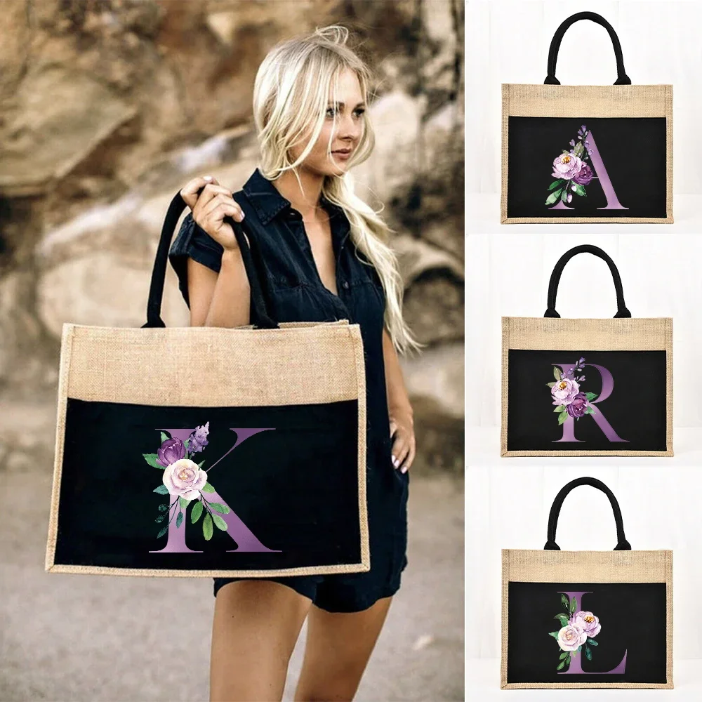 

Jute Tote Bag Handbag Purple Letter Series Imitation Sacks Linen Bags Reusable Women Shopping Pouch Designer Laminated Bags