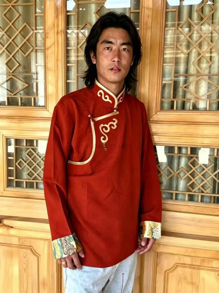 Men Tibetan Traditional Shirt Gold Embroidery Stand Collar Slanted Placket Frog Button Brocade Cuff Cotton Linen Wine Red Black