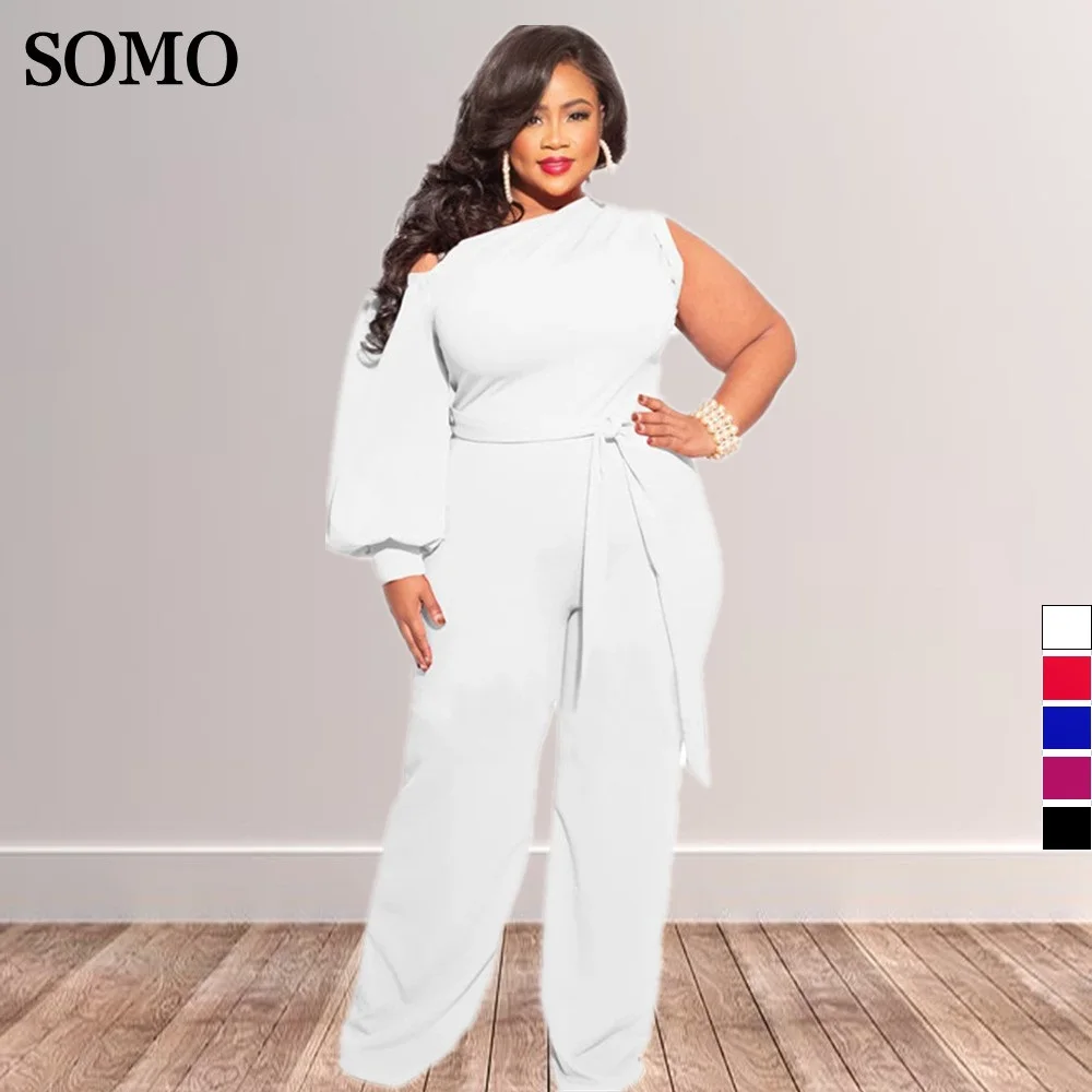 Somo fora do ombro macacão feminino manga única plus size sexy outfit club wear ampla perna calças macacão atacado dropshipping