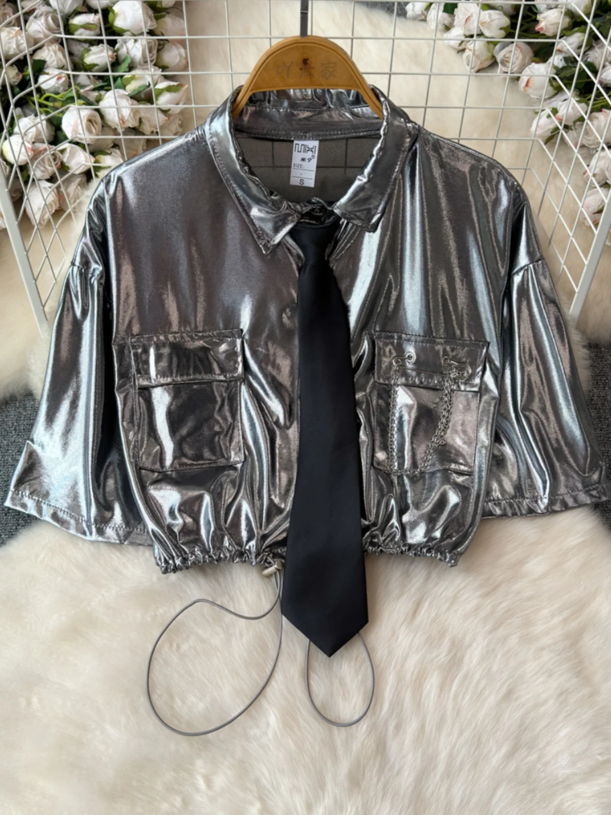 

Silver ort Sve Waist-Cinching irt Jaet for Women's Hip Hop Modern Dance Performance Casual Commute Sle Loose Fit