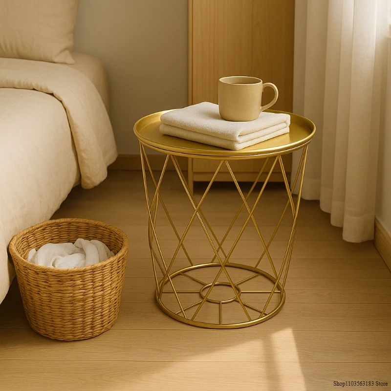 

Gold Metal Basket Side Table with Removable Tray Modern Round Coffee Table Multifunctional Clothing Organizer Bedroom End Table