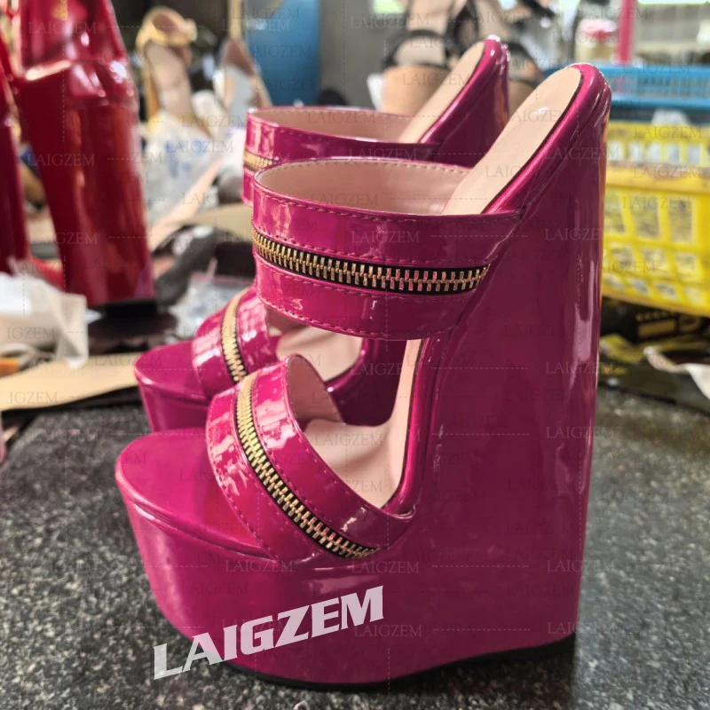 LAIGZEM Women Wedges Sandals 5CM Platform 20CM Steep High Heels Peep Toe Pumps Fetish Cosplay Mule Shoes Woman Big Size 42 45 47