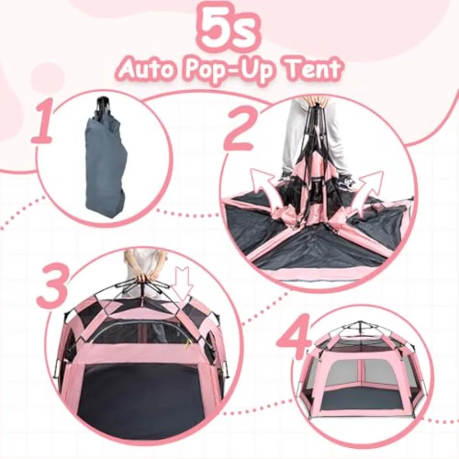 Outdoor Indoor Baby Playpen Pop-up Tent with Canopy, Pink Polyester Fabric, Portable Travel Bag Included for Beach, Home, and T