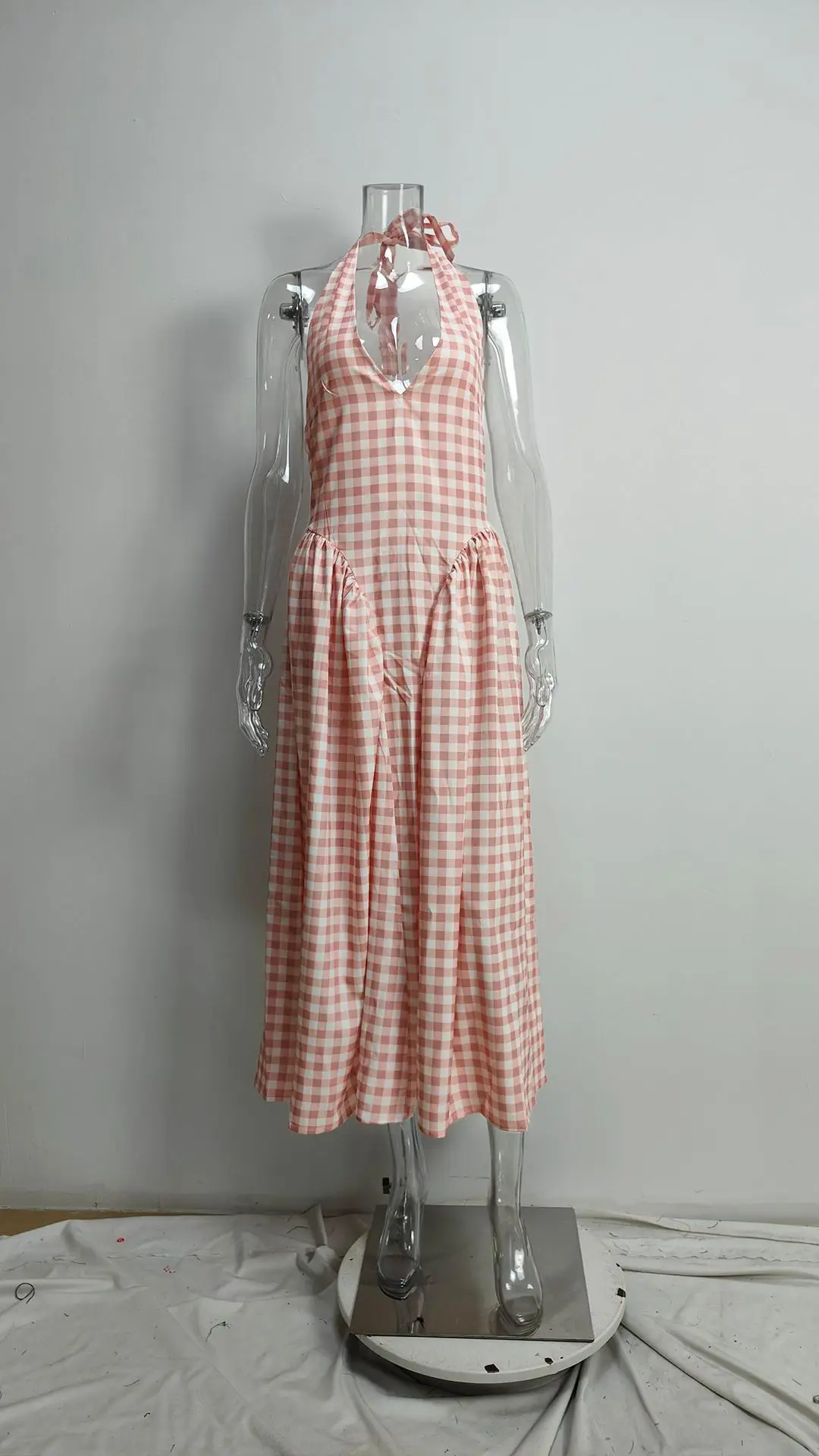 2025 Spring Summer Women Plaid Long Dress Sexy Off Shoulder V-Neck Hanging Dress Waist-Cinching Pleated Casual Bodycon Dress