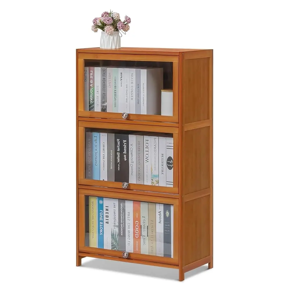 

Bamboo 3-Tier Display Case Bookcase With Clear Acrylic Flip-Up Doors, Brown Kitchen Cabinet Storage Pantry Cabinet Showcase