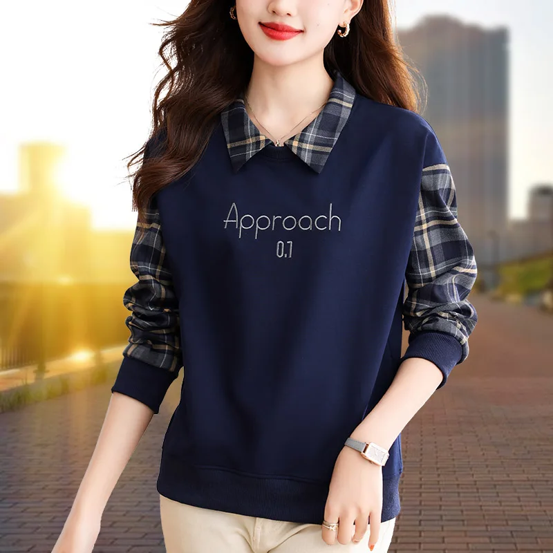 Women\'s Clothing Hoodies Turn-down Collar Pullover Letter Embroidered Checkered Lantern Long Sleeve Casual Office Lady Tops