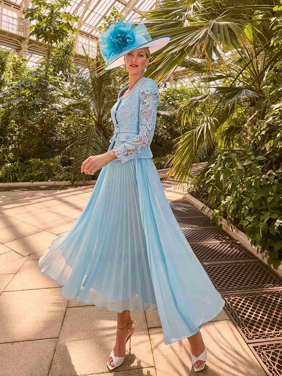 Noble Light Blue Mother of the Bride Chiffon Gown Floor Length Wedding Guest Dress with Jacket Wedding Party Formal Occasion