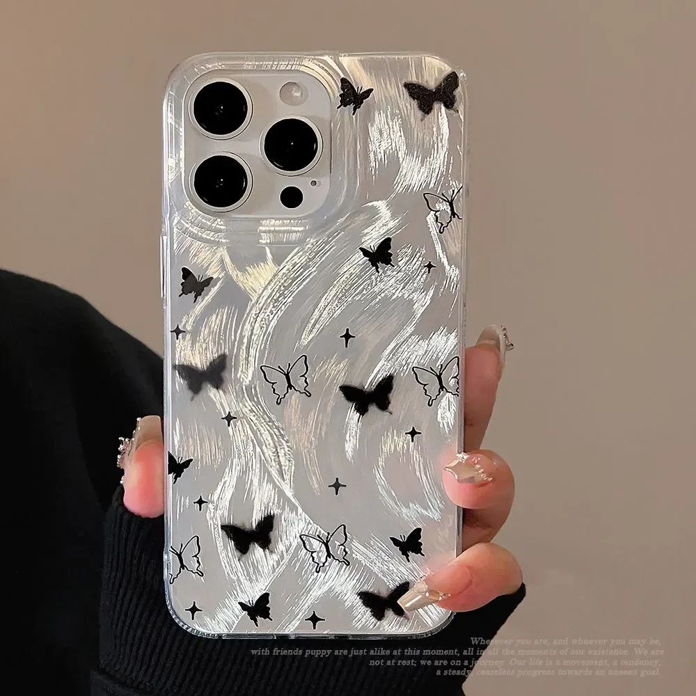 ins Radium Black Butterfly phone case For iPhone 16 PRO 15 14 13 12 11Pro XR XS Max7 8 Plus Y2K  Soft anti fall Case back Cover