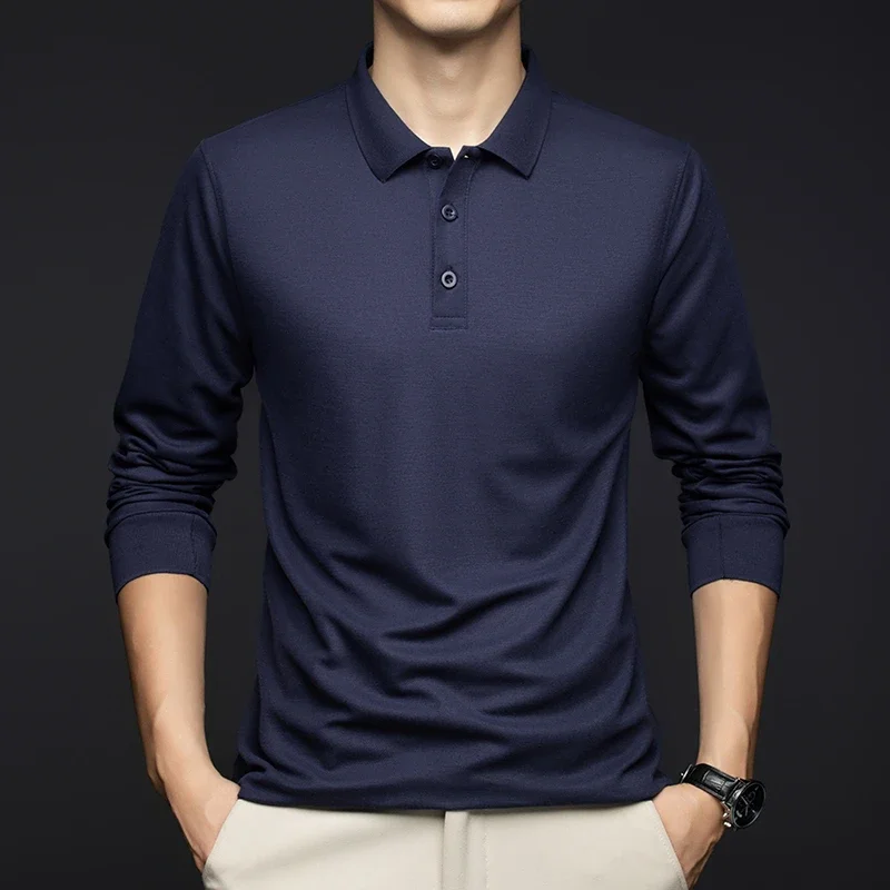 Neues Herren-Business-Casual-Langarmshirt, einfarbiges Poloshirt, modisches, atmungsaktives, bequemes, vielseitiges Top