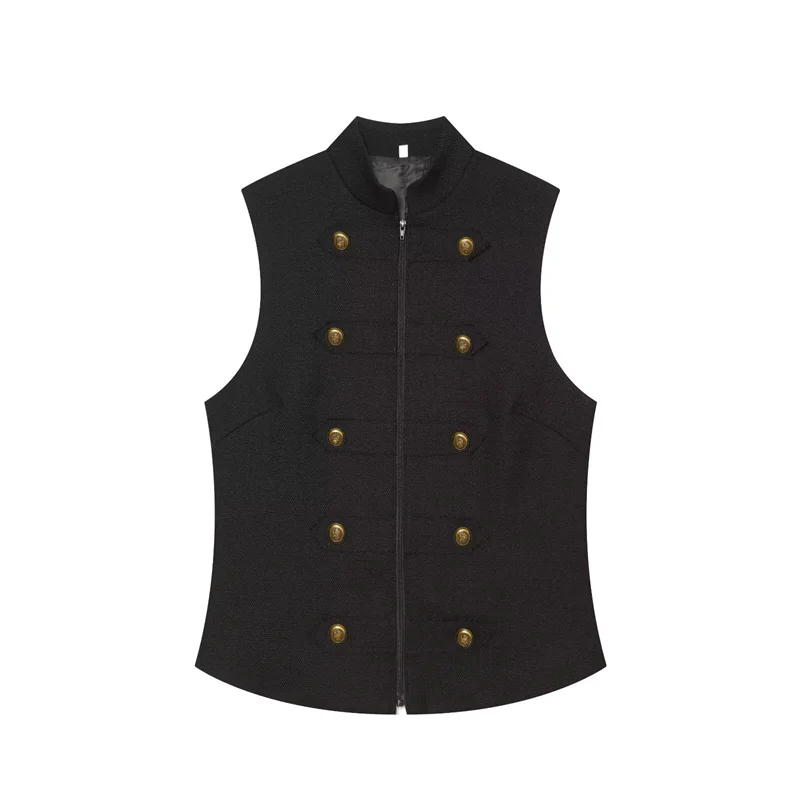 Women Vintage French Napoleon Officer Crop Vest Textured Stand Collar Double Gold Buttons Sleeveless Commuter Waistcoat Tops
