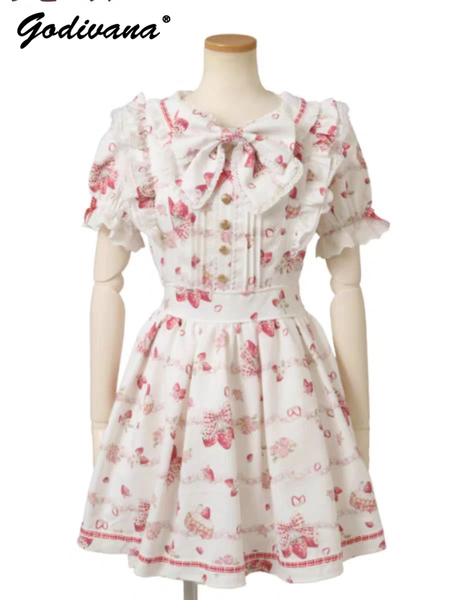 

Japanese Liz New Summer Sweet Cream Strawberry Lolita Dress Girls Women's Short Sleeve Bow Mass Production Short A-line Dress