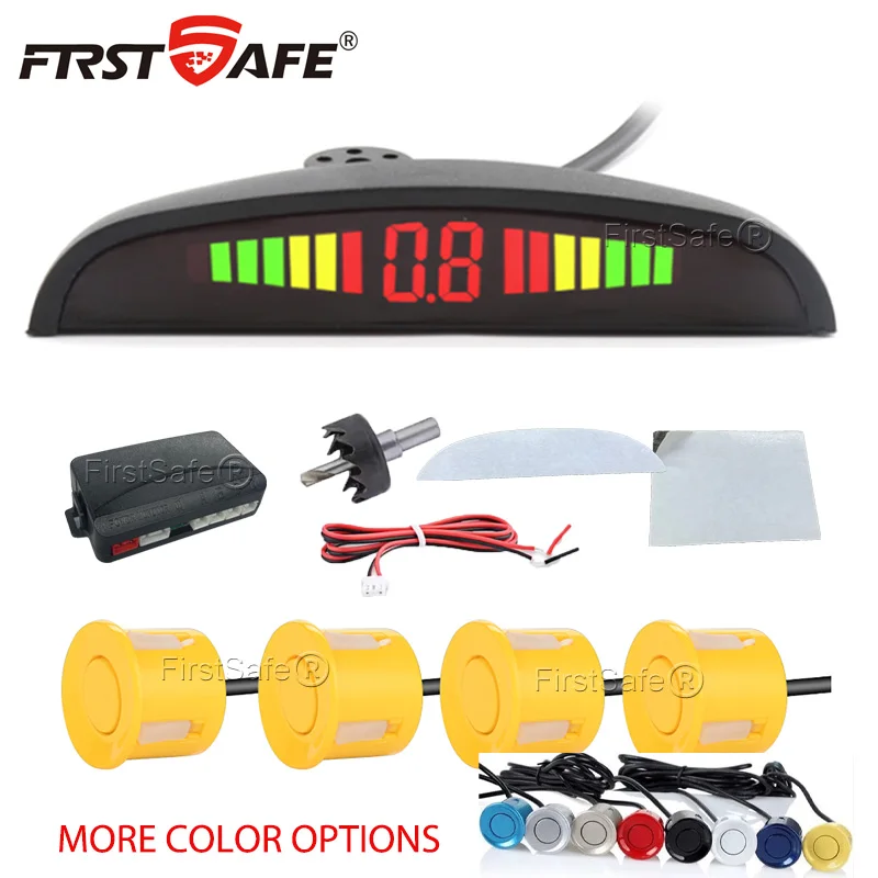 FirstSafe Factory Auto-LED-Parksensor-Kit, 4 Sensoren, 22 mm Hintergrundbeleuchtung, Display, Reverse-Radar-Kit, Monitorsystem, 12 V, 13 Farben