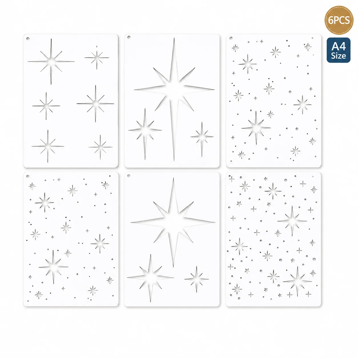 6PCS A4 Star Stencils Set 8.3 x 11.7 in Reusable Painting Templates for DIY Wall Wood Fabric Canvas Decor