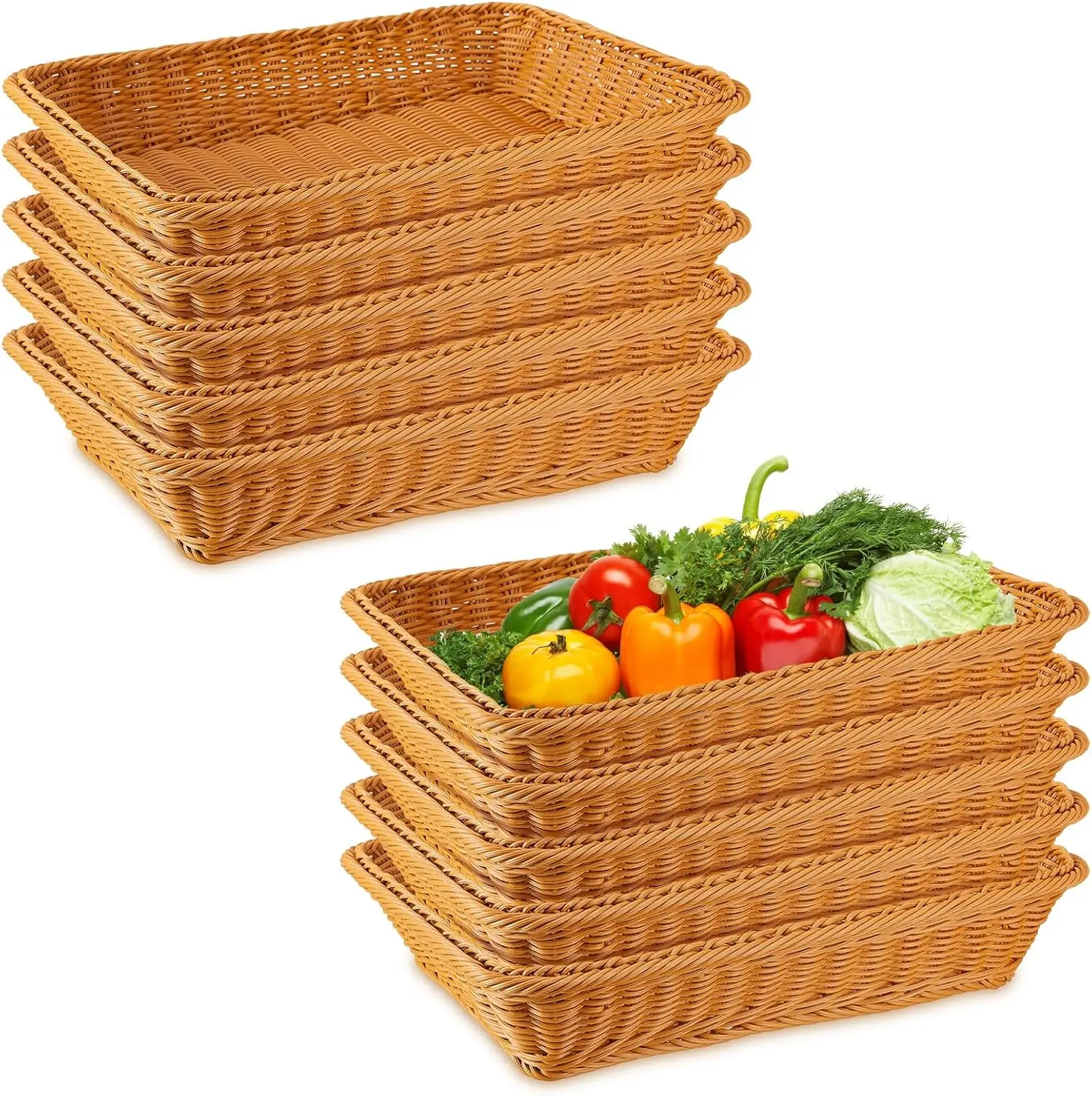 

10 Pcs Stackable Rectangular Woven Bread Basket, Imitation Rattan Fruit Tray for Kitchen Storage Serving Display