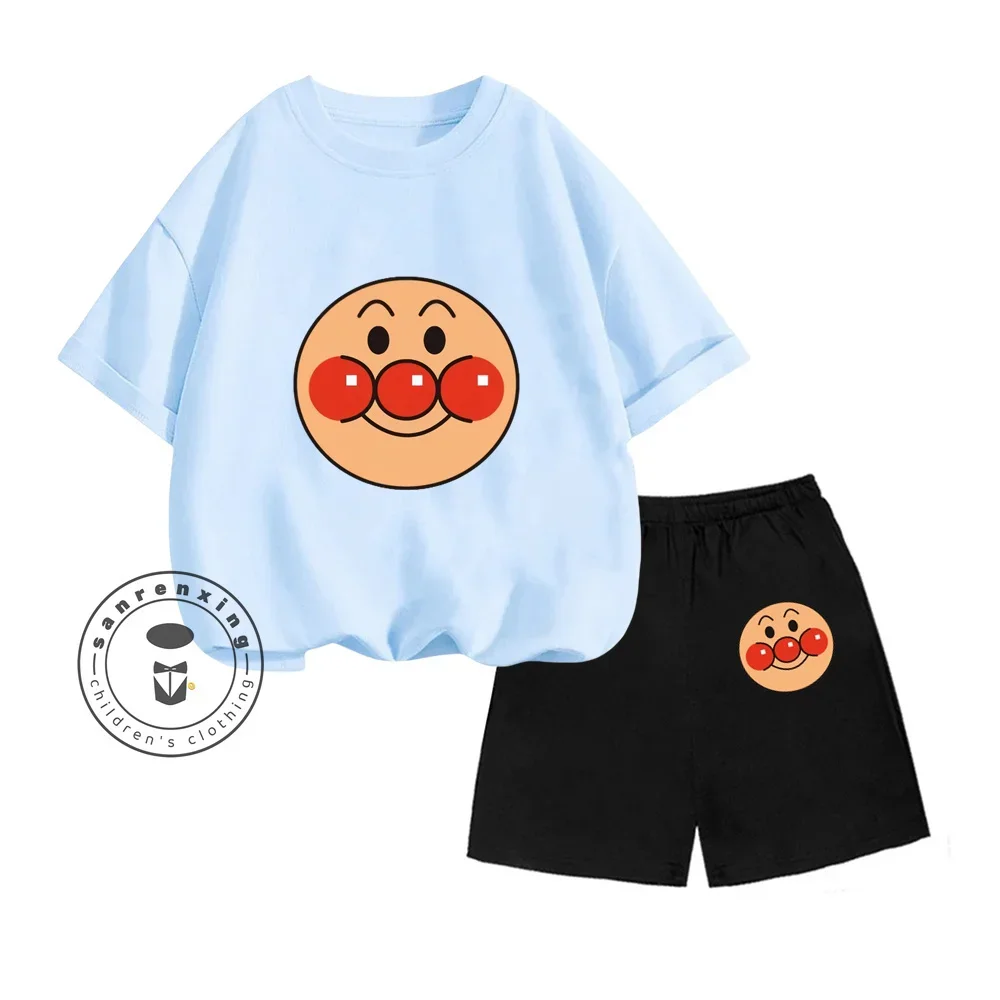 2024 Summer Children Fashion Two-piece Anpanman Cartoon Print Design Skin-friendly Short Sleeve and Solid Color Print Shorts