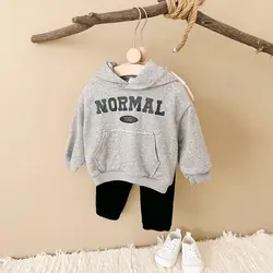 Korean INS Baby Boys Clothes Set Casual Hoodie+Corduroy Pants Letter Printing Full Sleeved Hooded Girls Pocket Spring Autumn