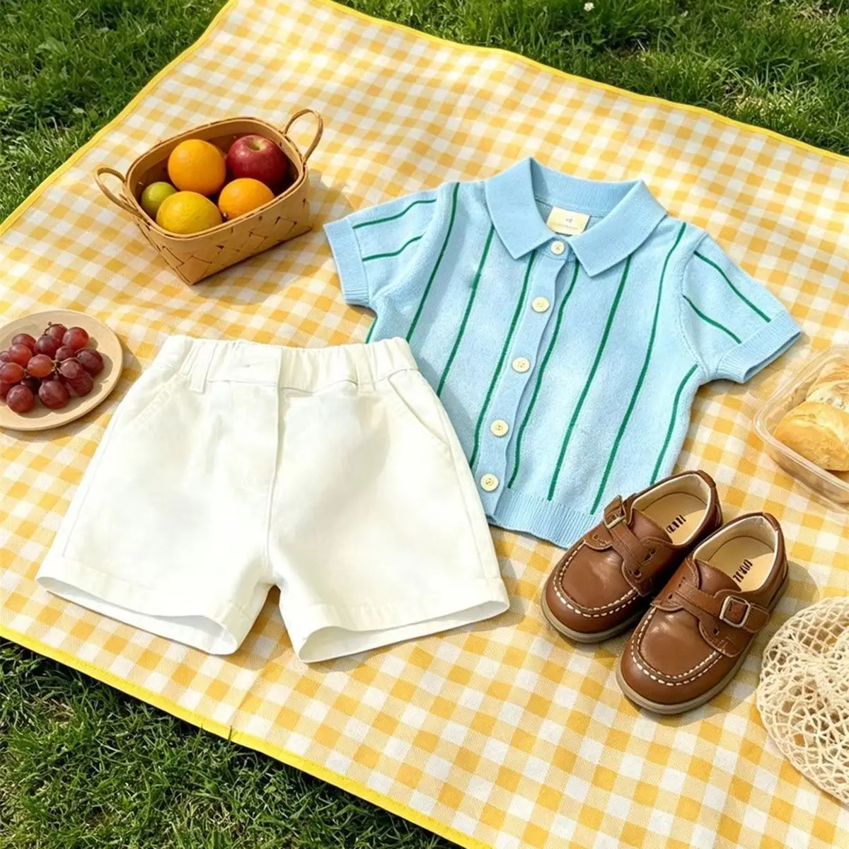 

Boys' Summer Set Fashion New Style Children's Blue Striped Polo Collar Short Sleeve Knitted Shirt+Casual Shorts 2-piece Set