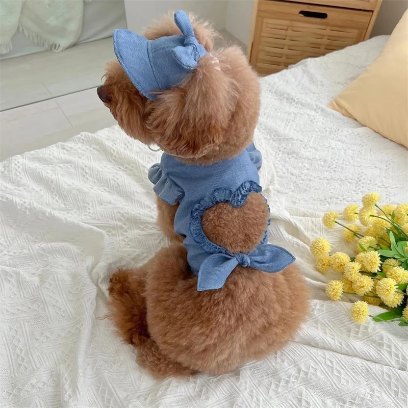 

Dog Clothes 2 Pieces Shirt and Hat Set Denim Ruffle Backless Top for Small Dog Birthday Gift Cat Clothes Cute Breathable Set