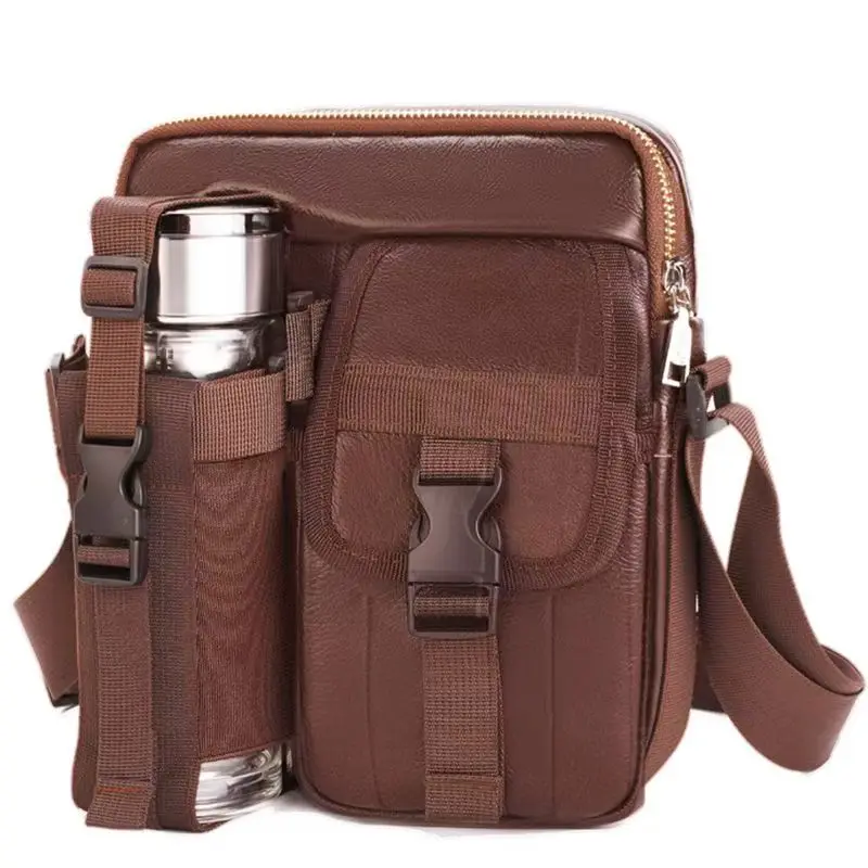 Cow Leather Men Shoulder Crossbody Travel Sling Bag with Water Bottle Holder Multifunctional Casual Portable Messenger Bag