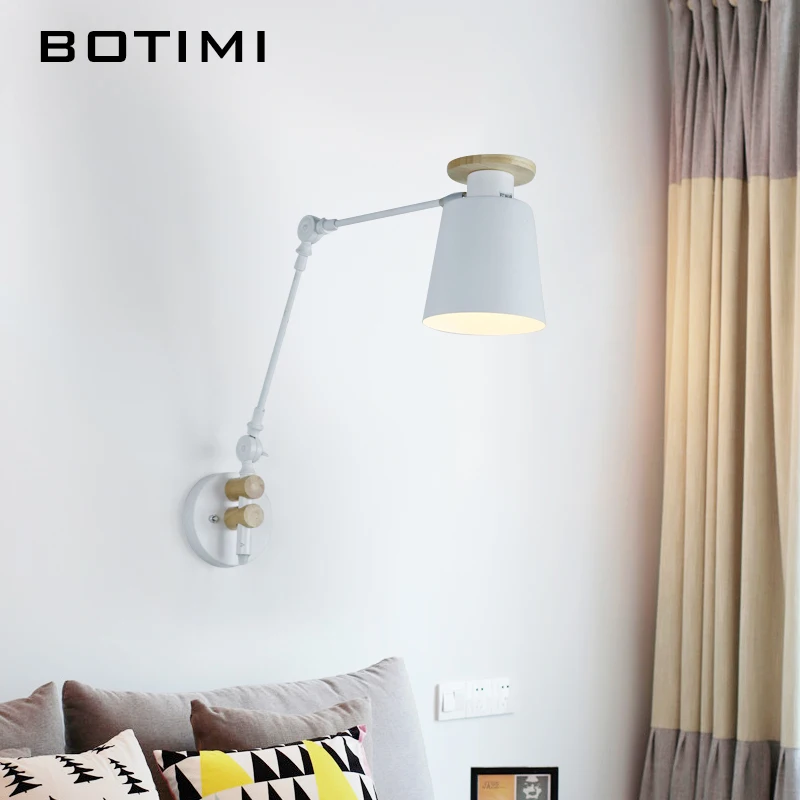 BOTIMI Adjustable Arm Wall Lamp with White Metal Lampshade Gray Bedside Light E27 Reading Lighting Fixture