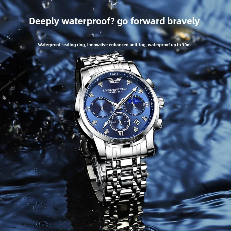 Men's Stainless Steel Quartz Watch, Moon Phase Small Seconds, Calendar, Luminous, Water Resistant, Business Versatile Wristwatch