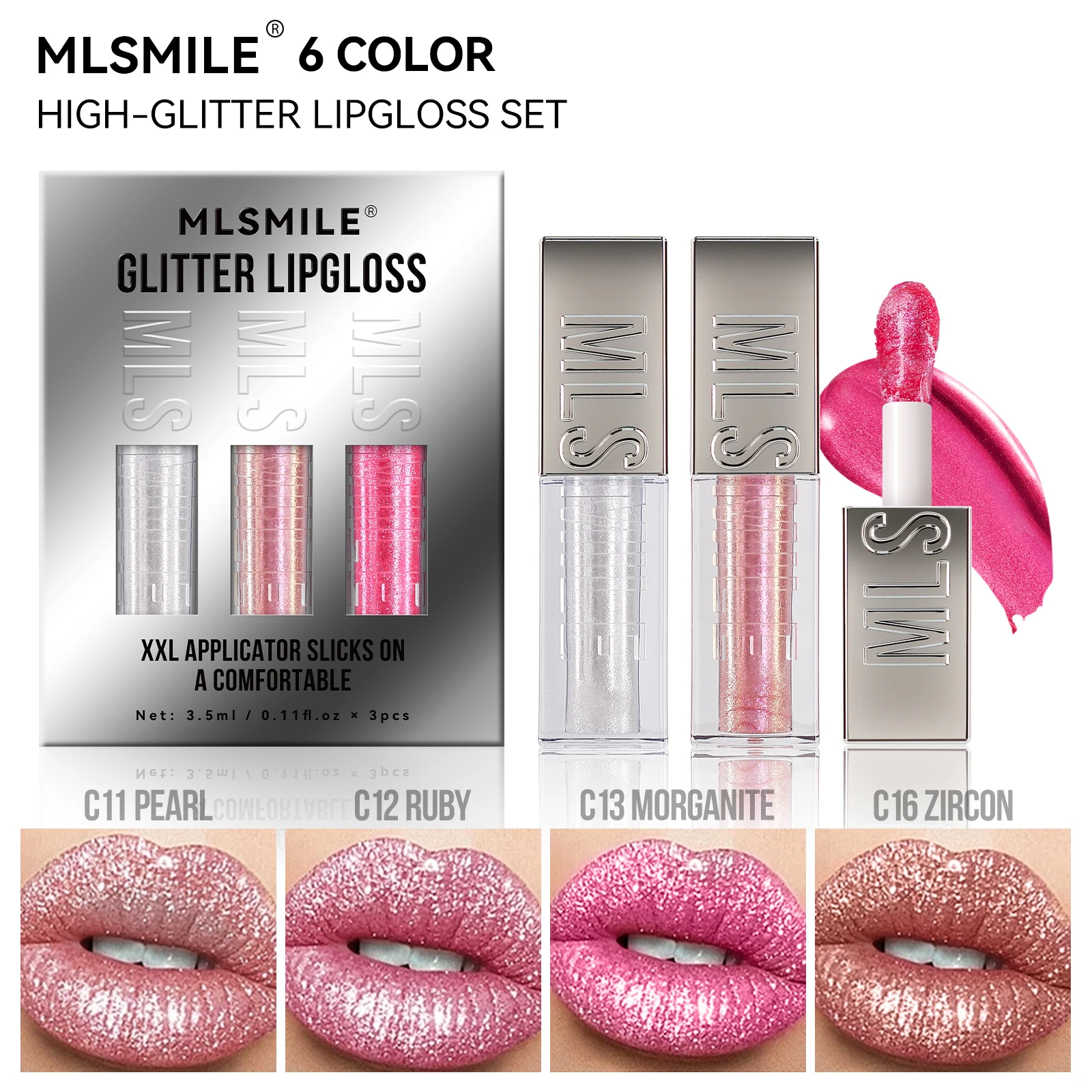 MLSMILE Makeup Sparkling Set Large Brush Head Mirror Pearl Lip Gloss Fine Shimmer Liquid Lipstick 3 Pieces 2025 New