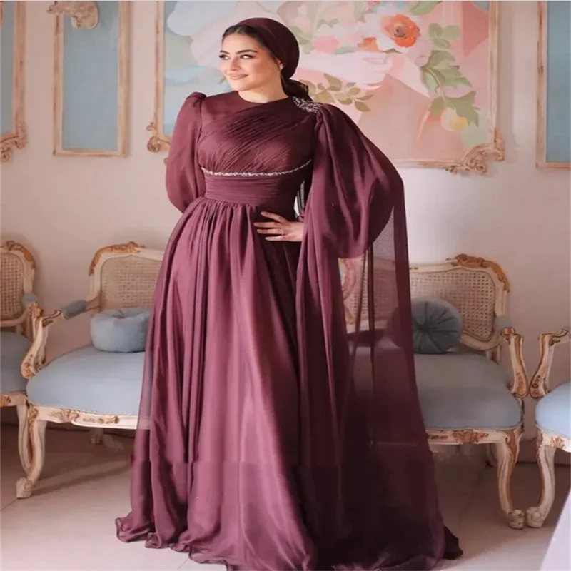 فستان سهرة عربي برقبة دائرية مخصص إسلامي أنيق شيفون مطوي مطرز على شكل حرف a وأكمام طويلة لحفلات الزفاف وحفلات الزفاف