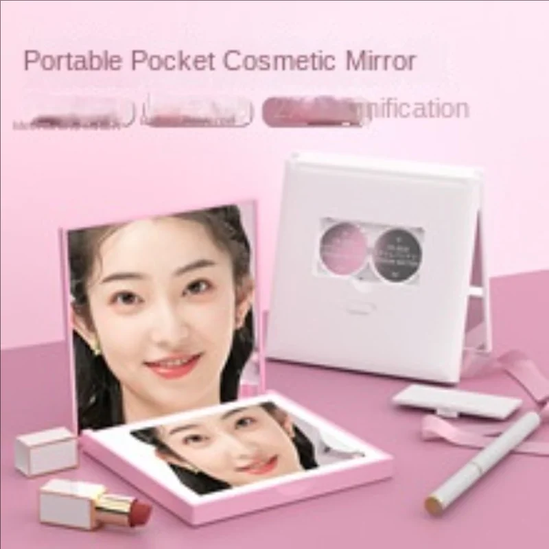 Portable Square Folding LED Makeup Mirror2Sided1x/2xMagnificationBattery Powered Vanity MirrorwithEdgeLightGiftLogoCustomization