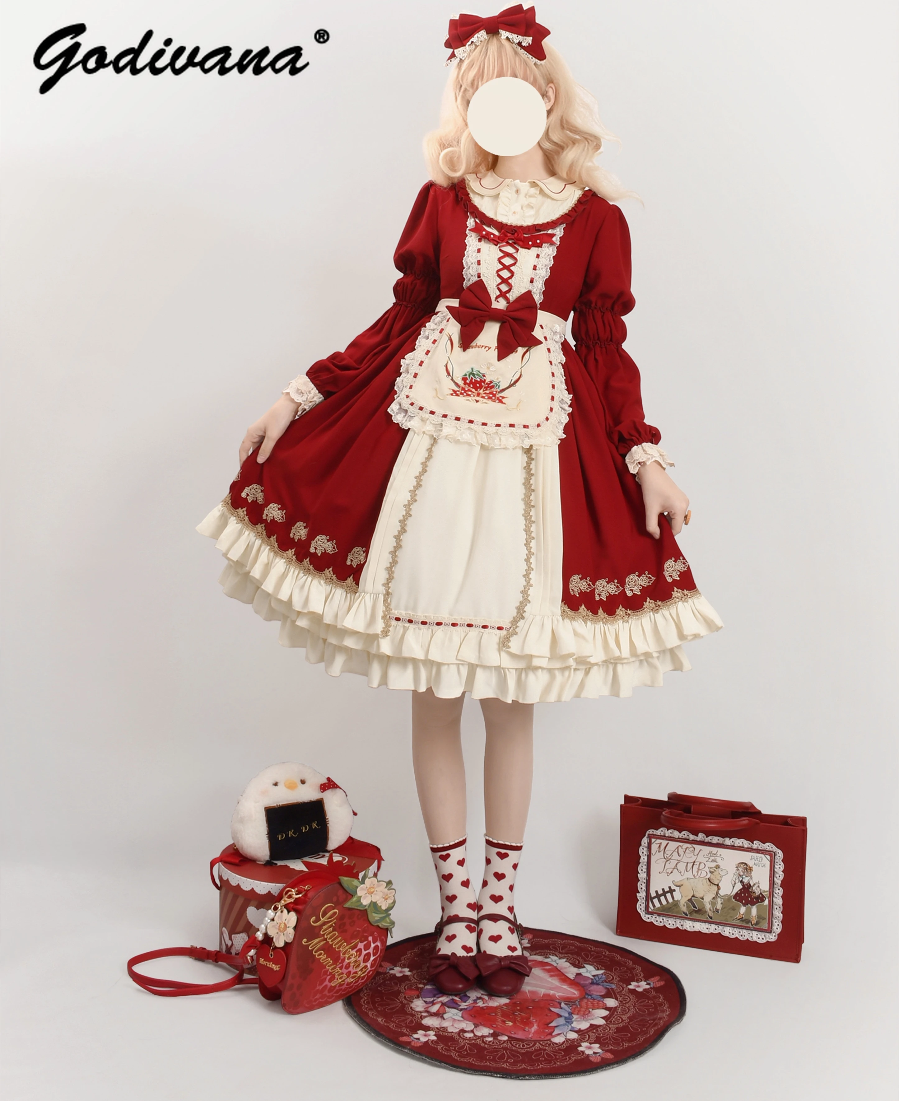 Original New Lolita Strawberry Embroidered New Year's Dress Sweet Cute Girls Long Sleeve/short Sleeve Christmas Red OP Dress