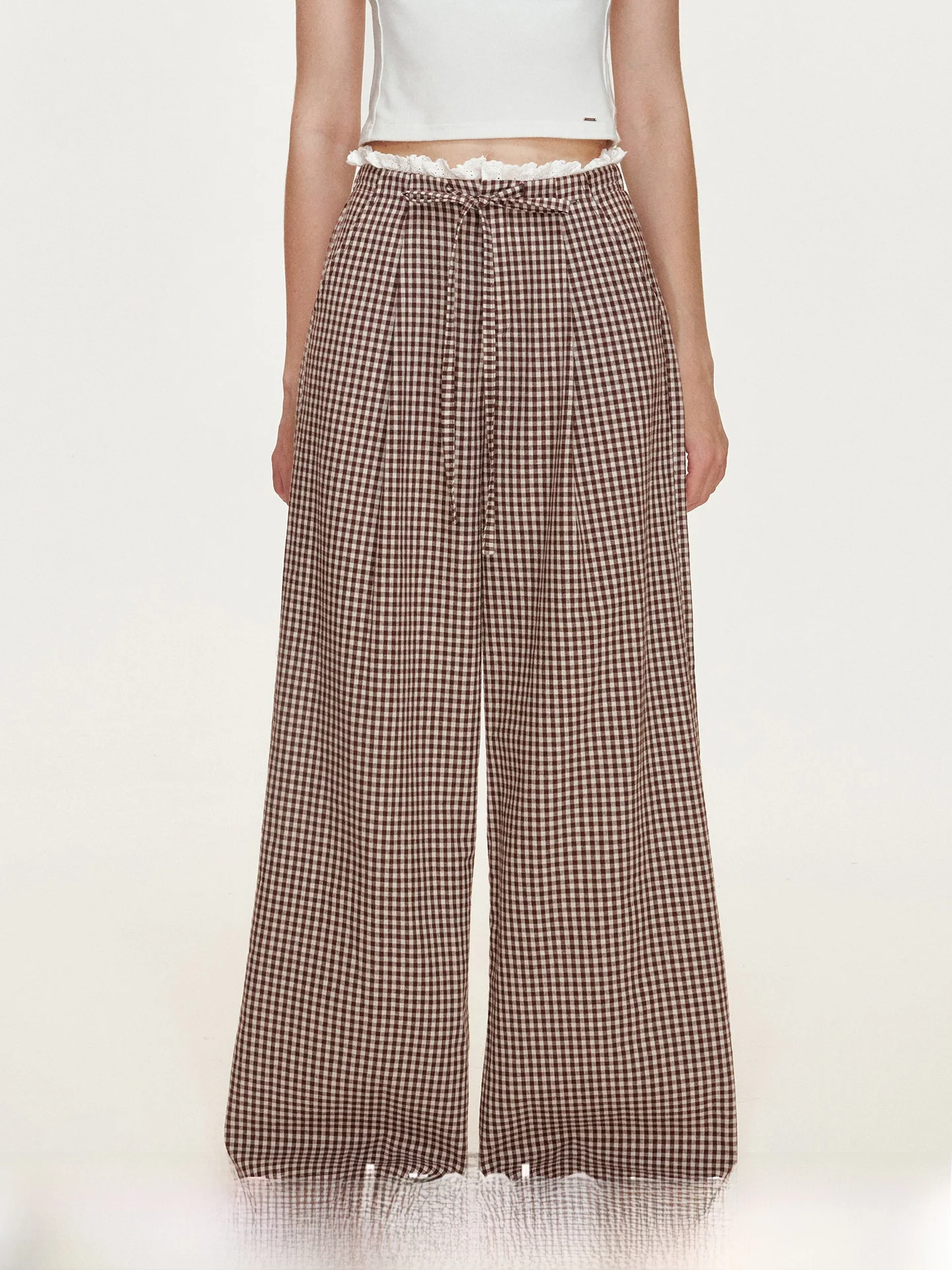 

Kroche Rose Casual Pants High Waist Wide Leg Plaid Cotton Lace Trim Straight Tube Pants Ele Lady Commute Sle Summer Col...