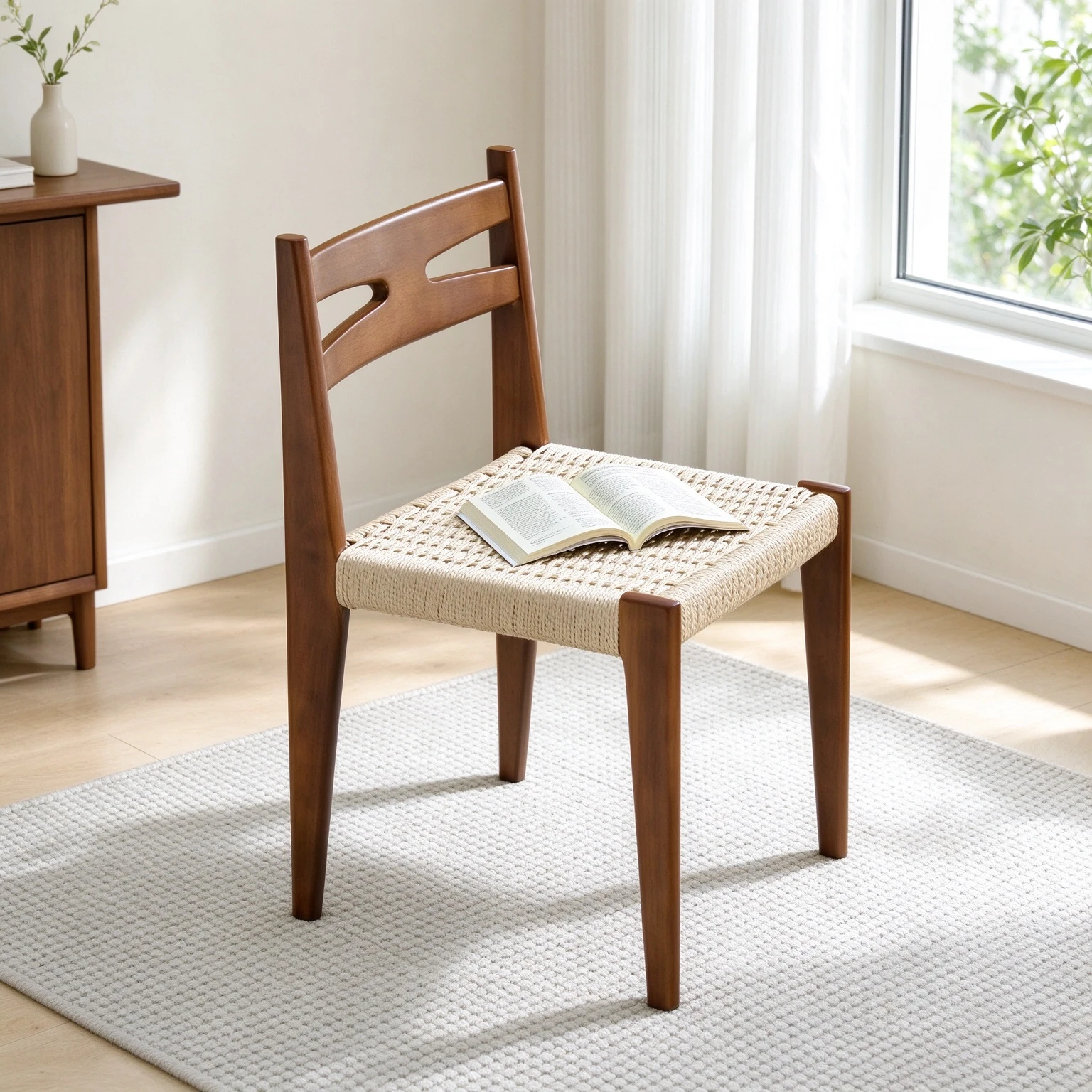 Solid Wood Braided Rope Dining Chair Mid-Century Modern Accent Seat with Backrest Kitchen Chair Eco-Friendly Home Furniture