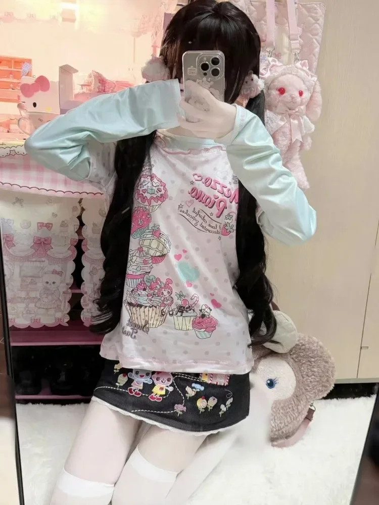 Kawaii Cute Sweet Tops Women Japanese Style Soft Girl Lone Sleeve T Shirt Y2k Harajuku Cute Print Fake Two-piece Slim Tees 2025